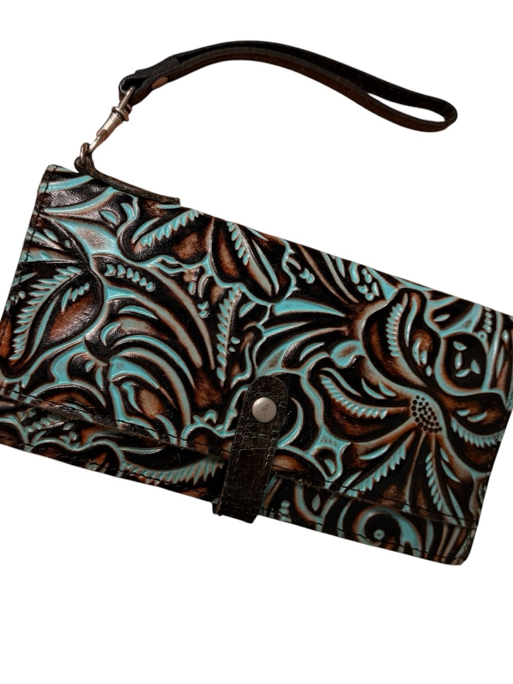 Tooled Floral Wristlet Clutch in Turquoise and Brown